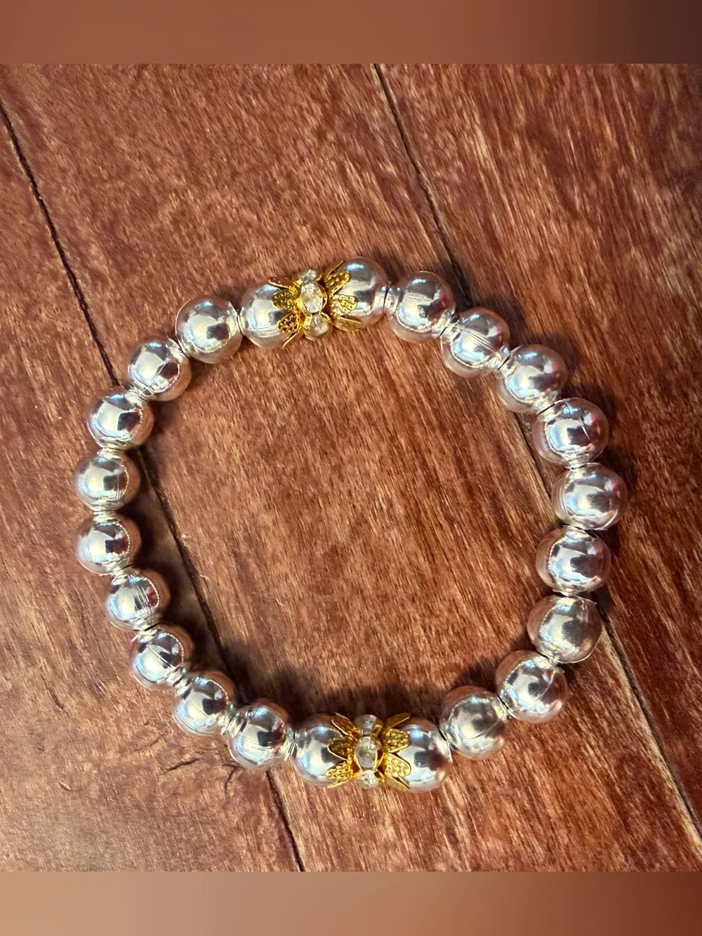 Silver Beaded Bracelet with Gold crystal Accents